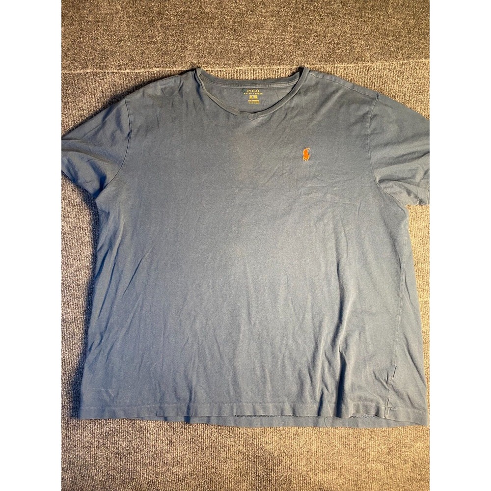 Polo Ralph Lauren Tee Shirt Mens XL Blue Solid Relaxed Fit Rib V Neck Pony Logo